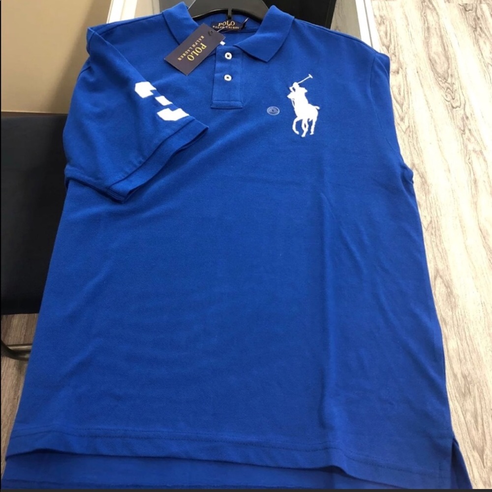 Blue polo with big logo